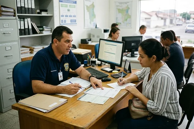 Cliente recebendo instruções de licenciamento de veículo.